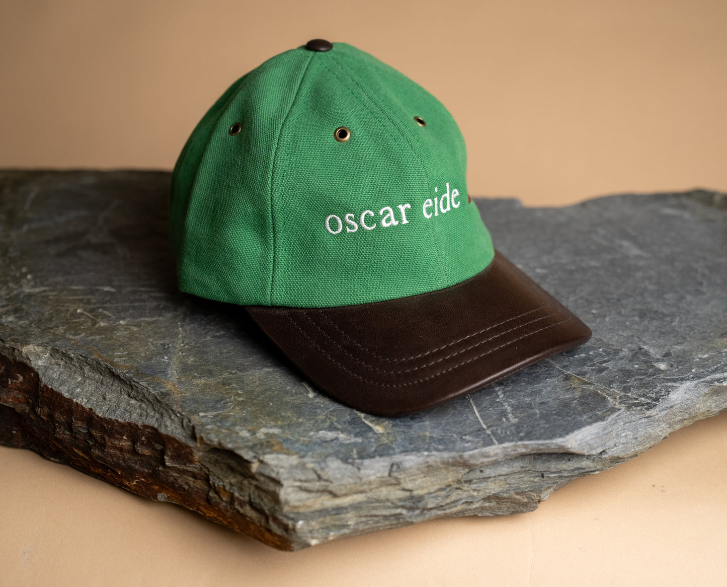 Fujikinbai Embroidered Leather Cap - Kākāriki Green