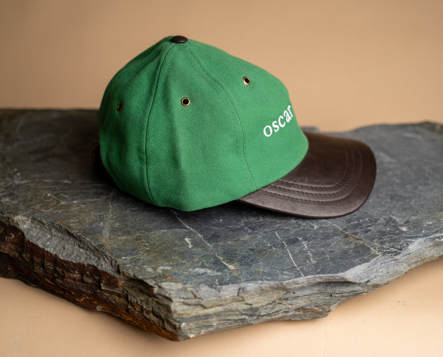 Fujikinbai Embroidered Leather Cap - Kākāriki Green